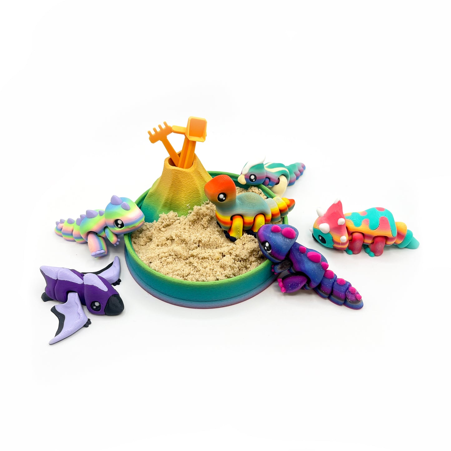 Dino Volcano Zen Garden – 3D Printed Play Set with Sand Tools & Large Dinosaur Figure | Desk Decor & Fidget Gift