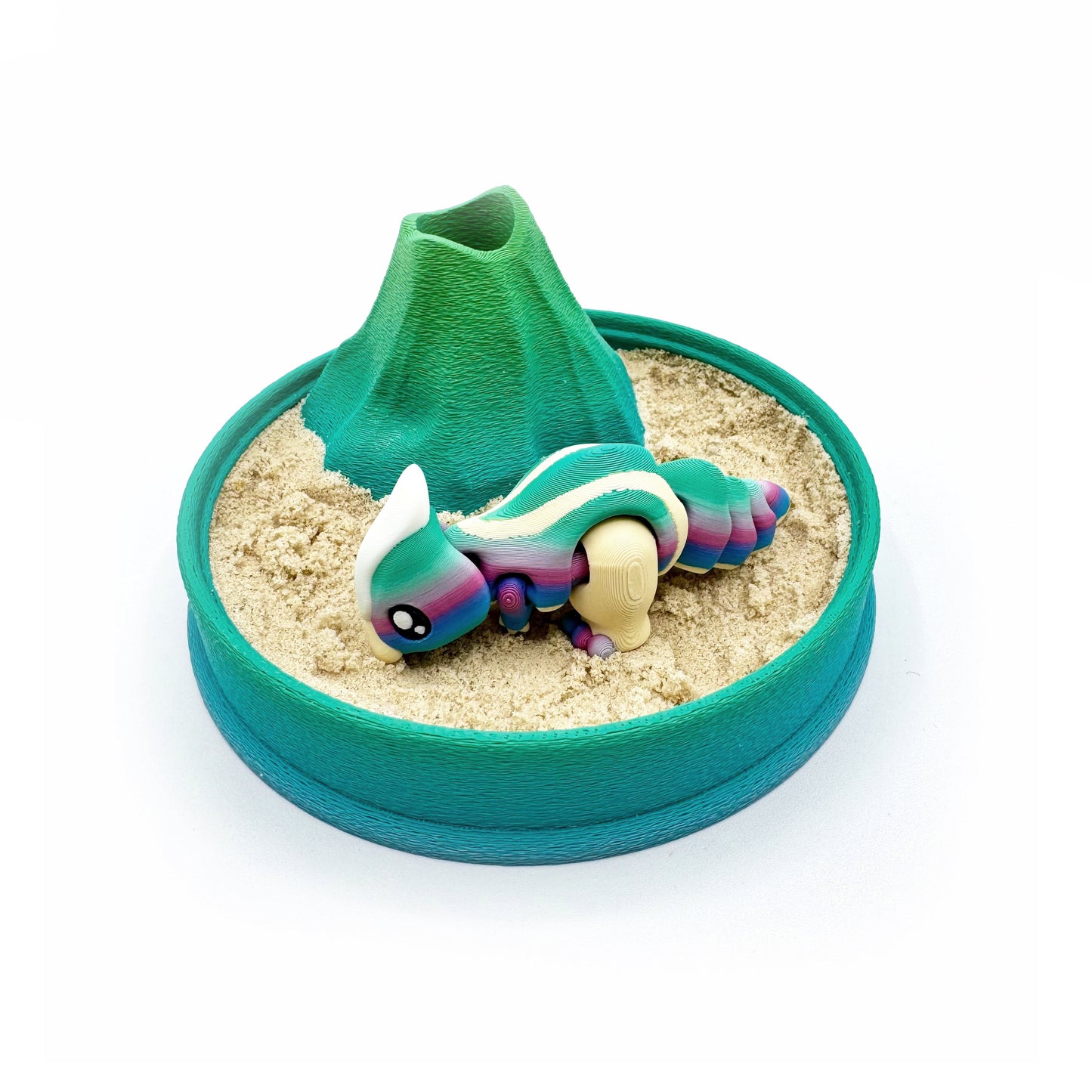 Dino Volcano Zen Garden – 3D Printed Play Set with Sand Tools & Large Dinosaur Figure | Desk Decor & Fidget Gift