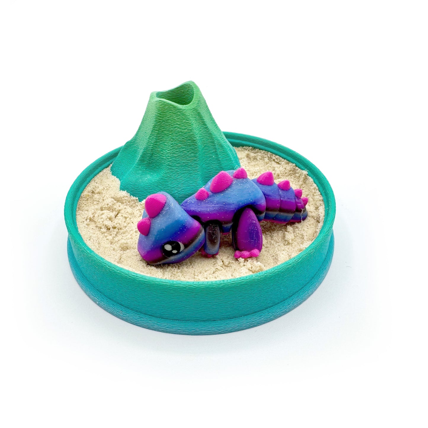Dino Volcano Zen Garden – 3D Printed Play Set with Sand Tools & Large Dinosaur Figure | Desk Decor & Fidget Gift