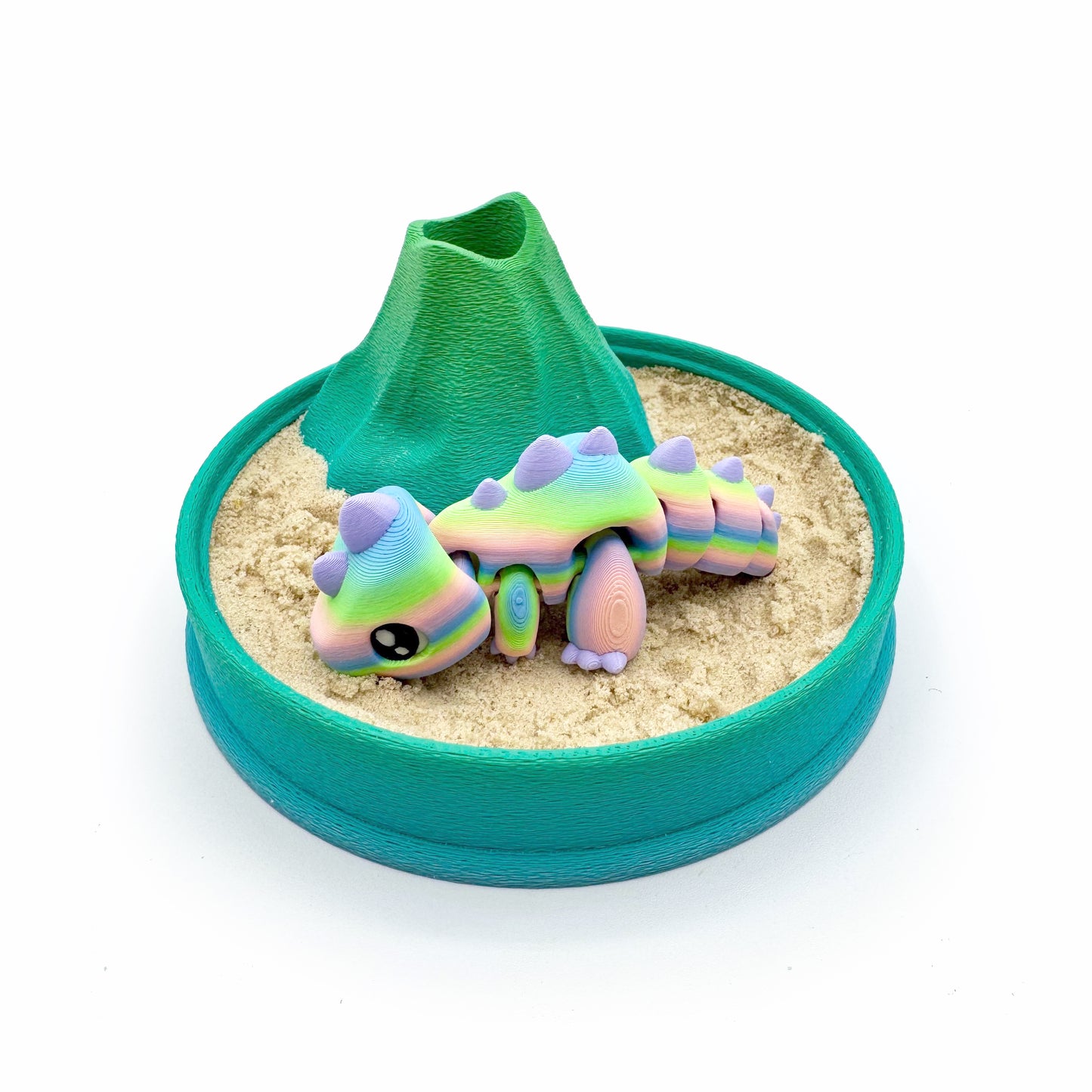 Dino Volcano Zen Garden – 3D Printed Play Set with Sand Tools & Large Dinosaur Figure | Desk Decor & Fidget Gift