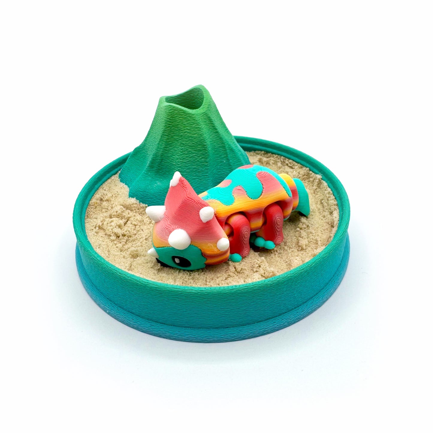 Dino Volcano Zen Garden – 3D Printed Play Set with Sand Tools & Large Dinosaur Figure | Desk Decor & Fidget Gift