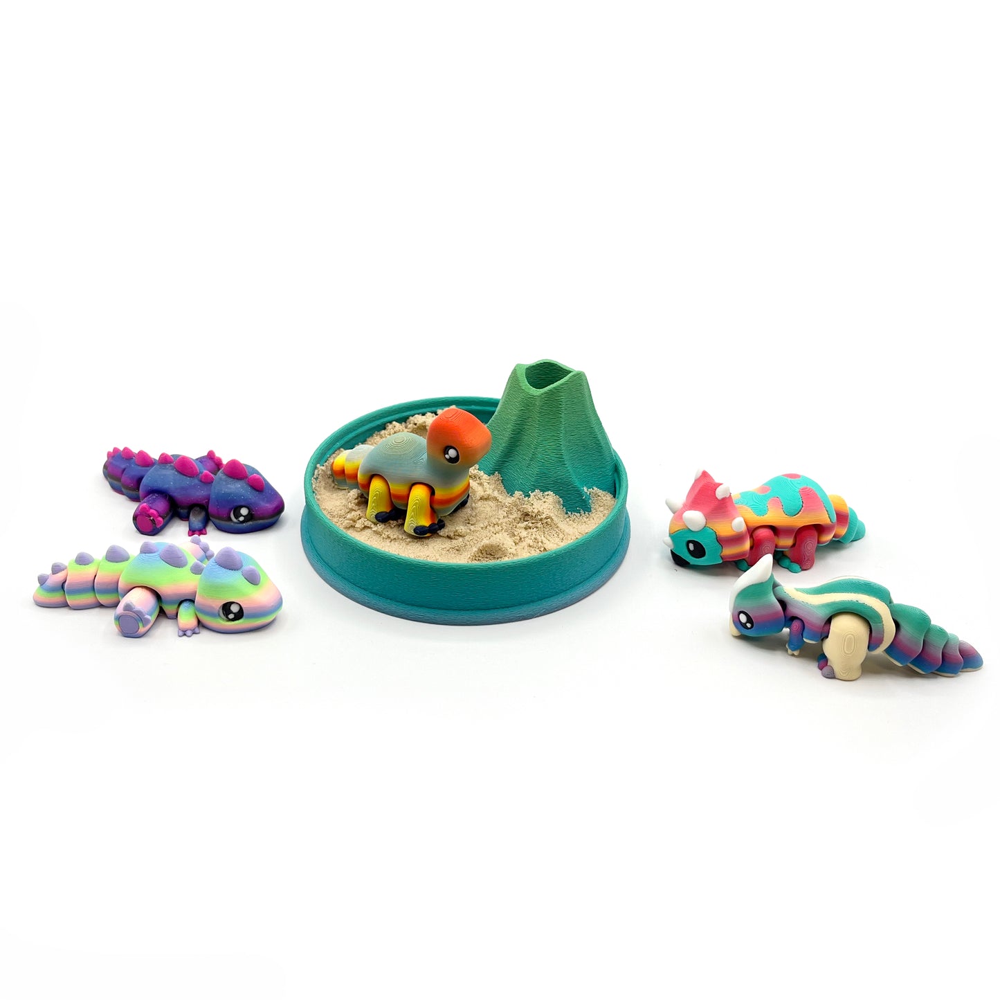 Dino Volcano Zen Garden – 3D Printed Play Set with Sand Tools & Large Dinosaur Figure | Desk Decor & Fidget Gift
