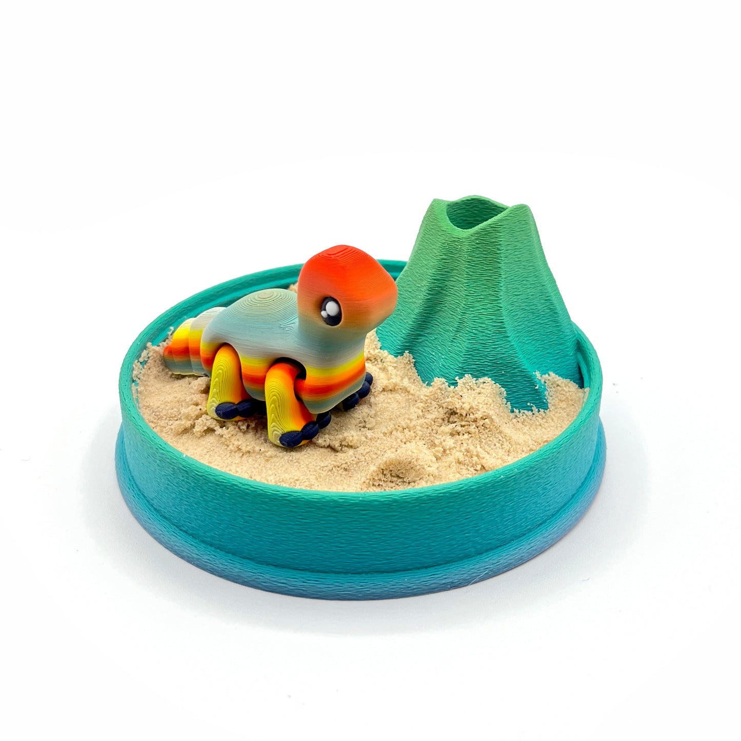 Dino Volcano Zen Garden – 3D Printed Play Set with Sand Tools & Large Dinosaur Figure | Desk Decor & Fidget Gift
