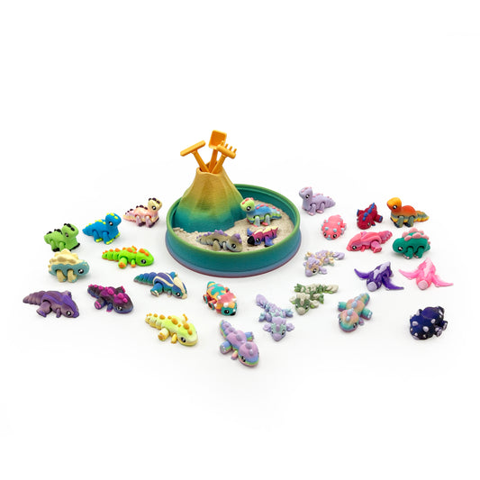 Dino Volcano Zen Garden – 3D Printed Play Set with Sand Tools & Large Dinosaur Figure | Desk Decor & Fidget Gift