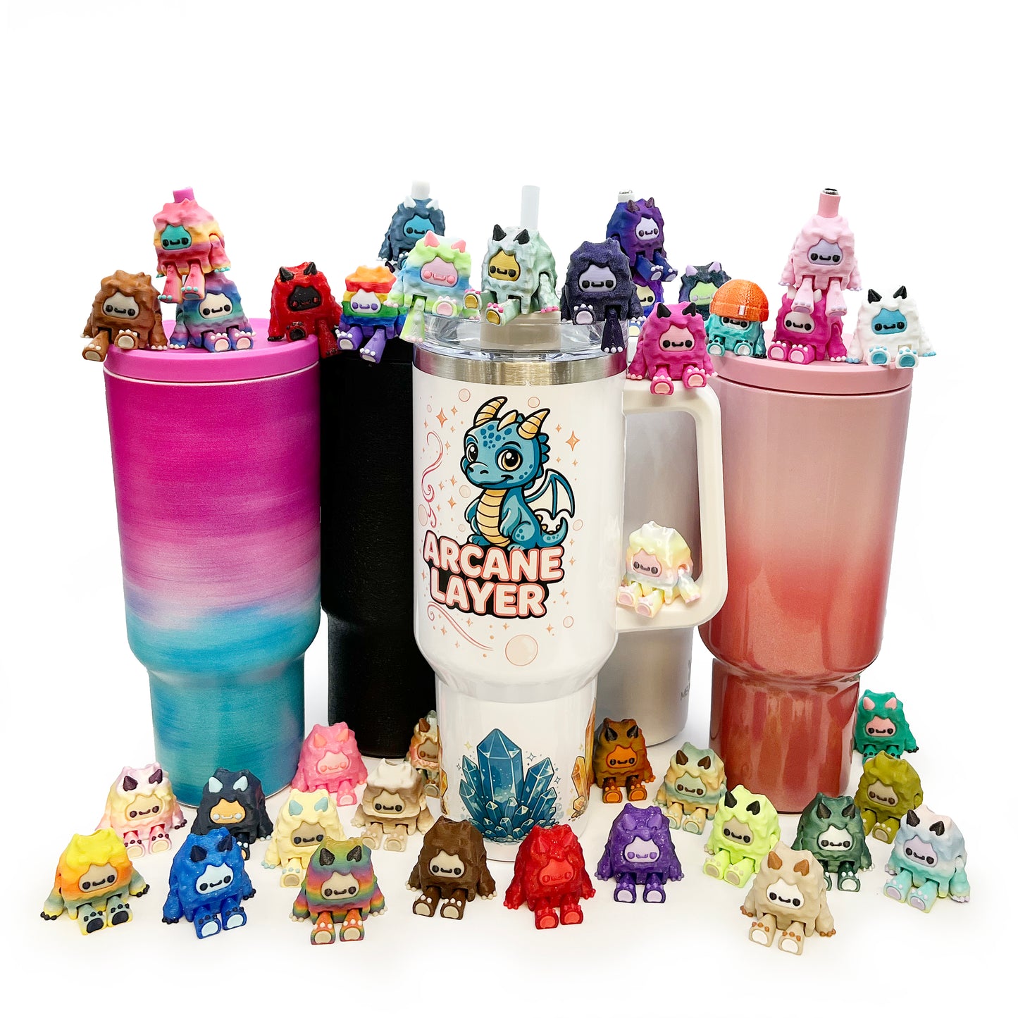 SIP SIDEKICKS - Flurryfoot & Bigfoot - Articulating 3D Printed Animal Figurines  – Adorable 3D Printed Straw Buddy for Tumbler Cups | Collectible Cup Charm